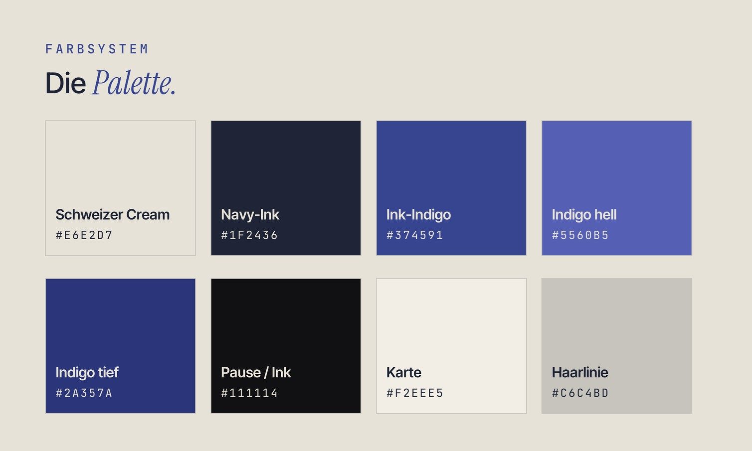 Farbpalette mit Indigo, Navy-Ink, Pause/Ink, Karte und Haarlinie