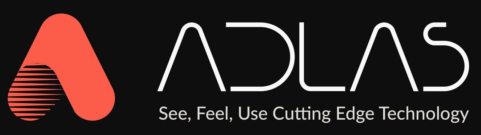 Logo 2024: Zeichen in Koralle, Wortmarke ADLAS und Tagline „See, Feel, Use Cutting Edge Technology“ auf Schwarz
