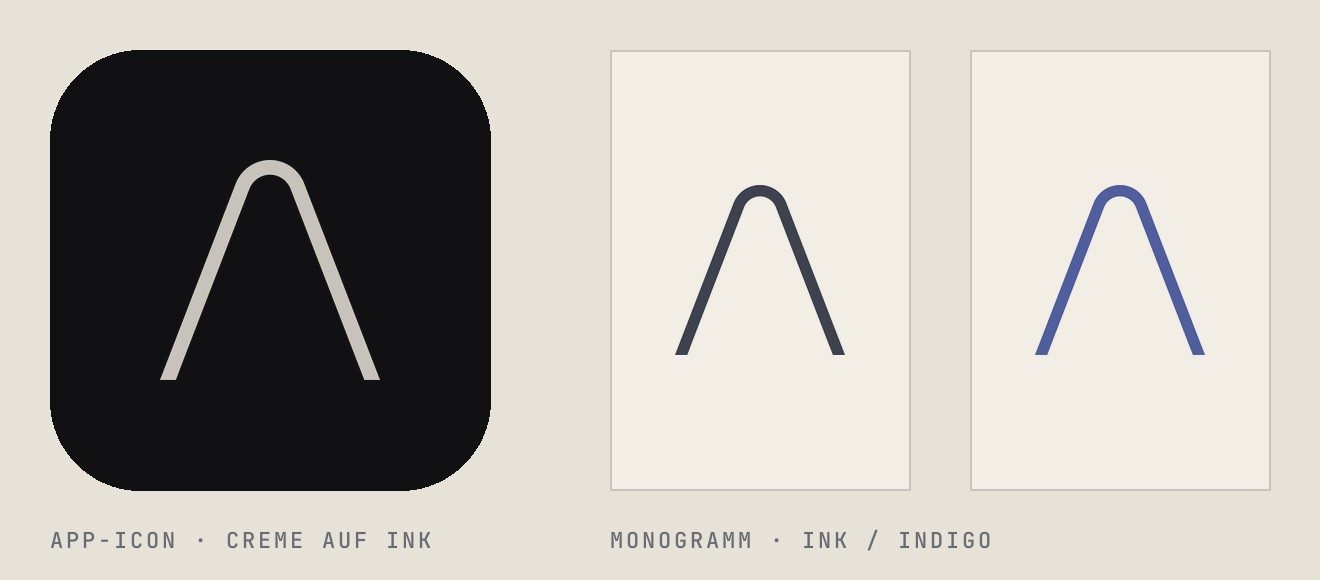 App-Icon auf Ink und das Monogramm „A“ in zwei Fassungen