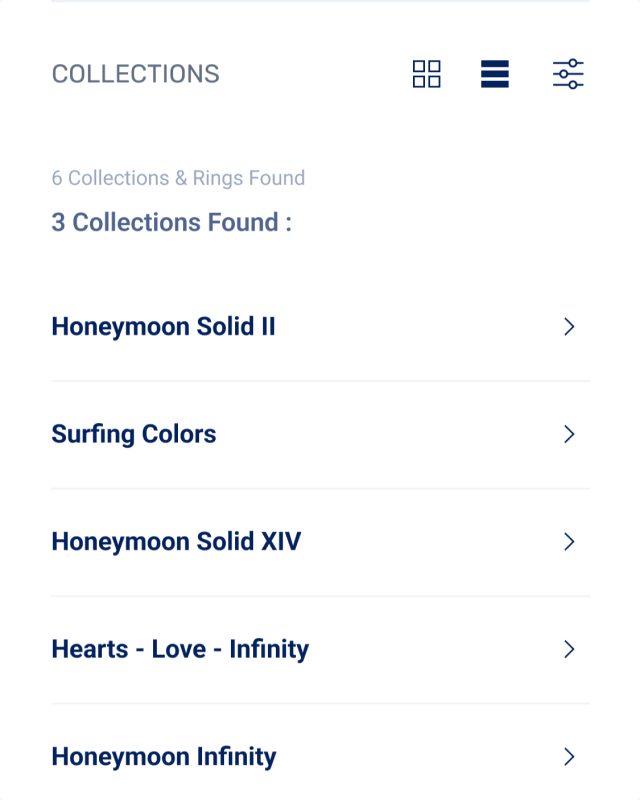Mobile Ansicht der Collection-Ruesch-Website: Liste der Kollektionen mit Filter