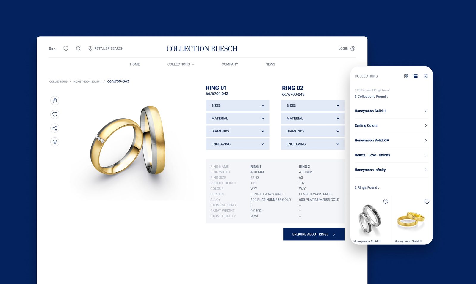 Ringkonfigurator von Collection Ruesch auf Desktop und Smartphone, zwei Eheringe neben Auswahlfeldern
