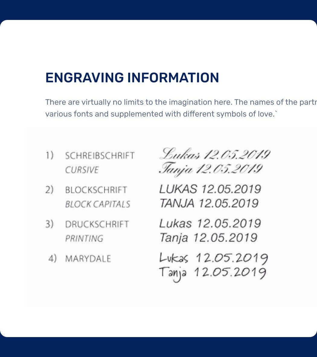 Seite „Engraving Information“ mit vier Schriftbeispielen für die Gravur