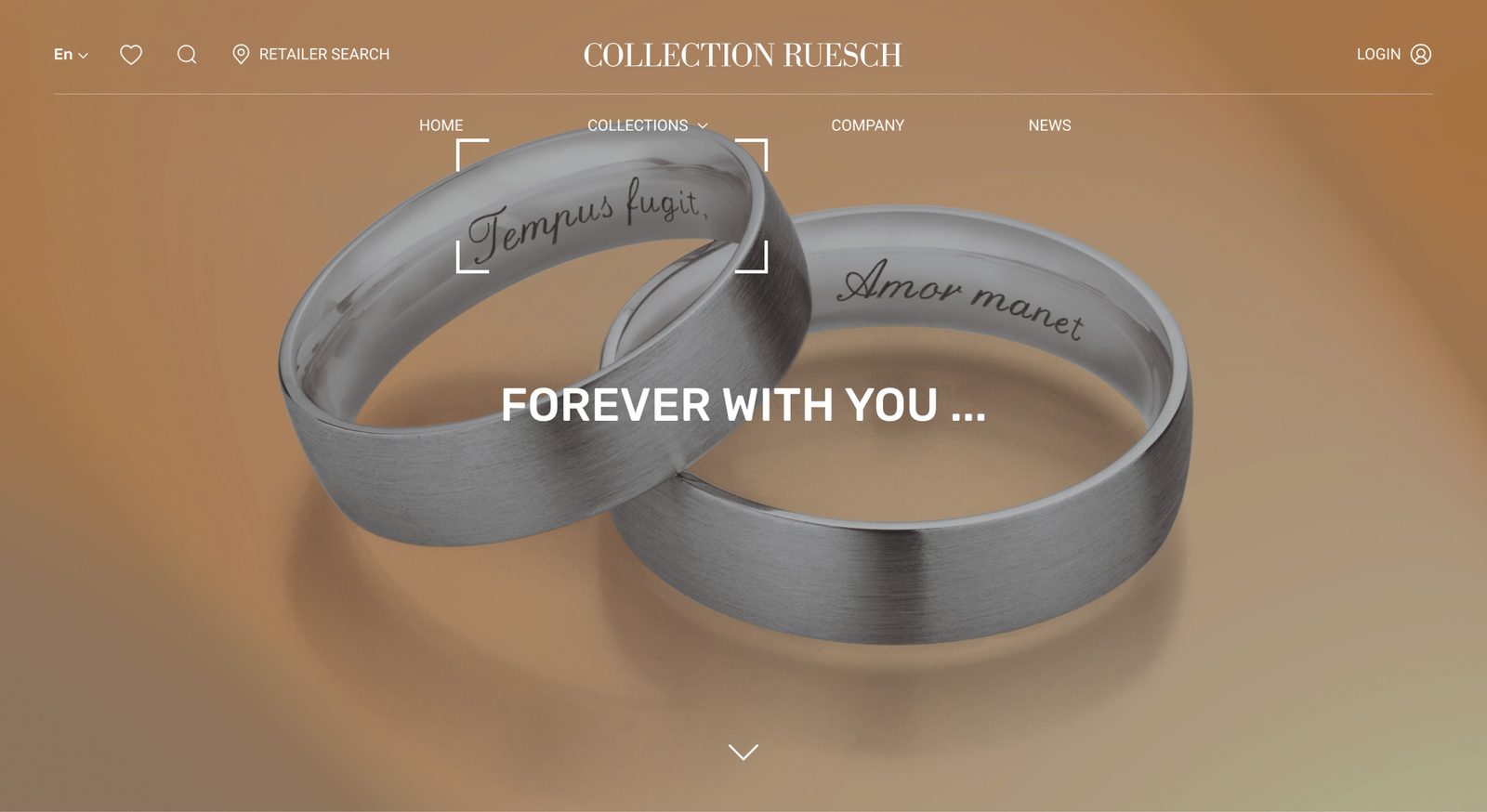 Startbild der Website: zwei Eheringe mit den Gravuren „Tempus fugit“ und „Amor manet“, darüber „Forever with you …“