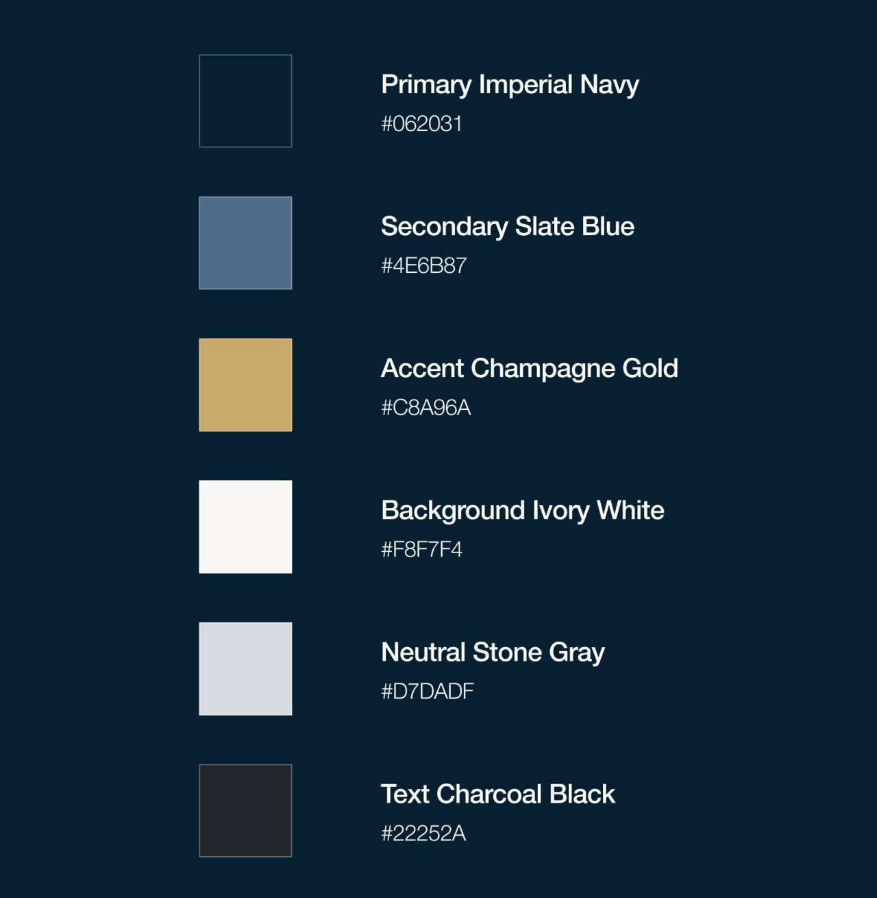 Sechs Farbfelder: Primary Imperial Navy #062031, Secondary Slate Blue #4E6B87, Accent Champagne Gold #C8A96A, Background Ivory White #F8F7F4, Neutral Stone Gray #D7DADF, Text Charcoal Black #22252A