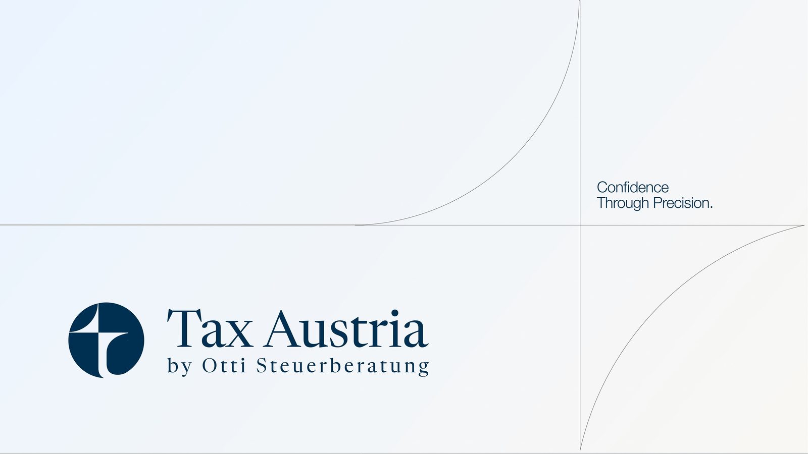 Bild- und Wortmarke „Tax Austria by Otti Steuerberatung“ in Navy, daneben die Zeile „Confidence Through Precision.“