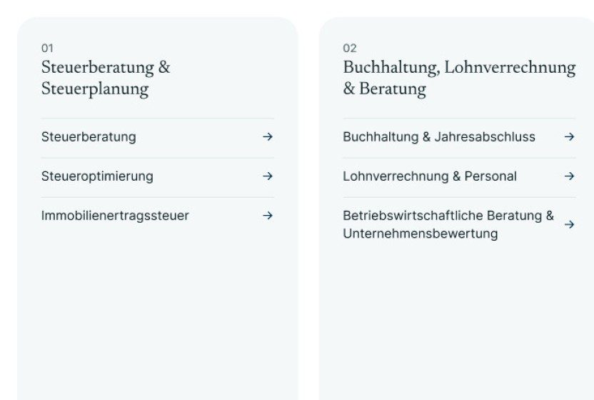 Leistungsfinder mit Bereichen und darunter einzelnen Leistungen