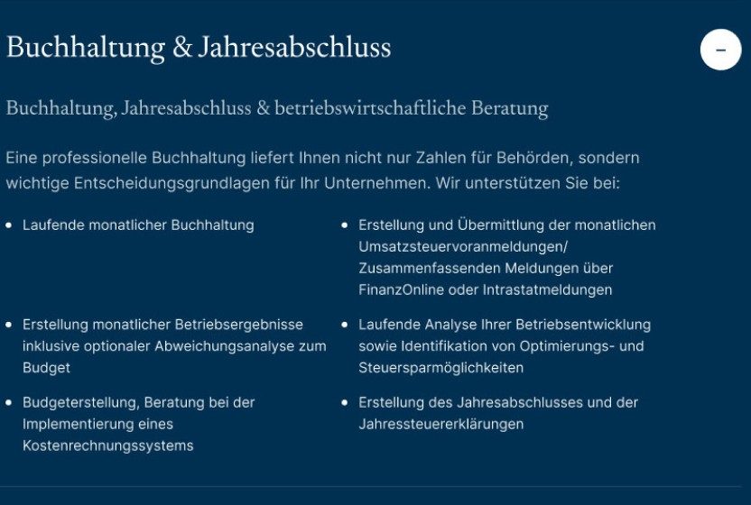 Aufgeklappte Leistung „Buchhaltung & Jahresabschluss“ mit Aufzählung des Umfangs