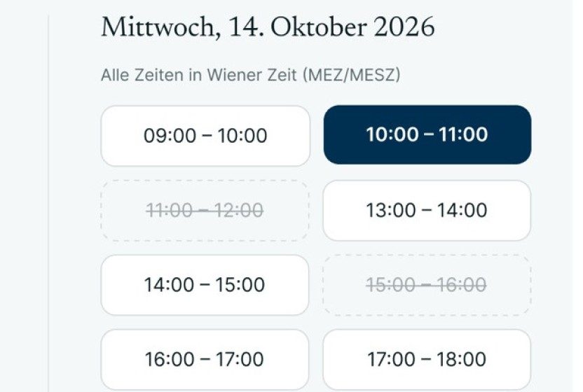 Terminauswahl für Mittwoch, 14. Oktober 2026, mit Zeitfenstern