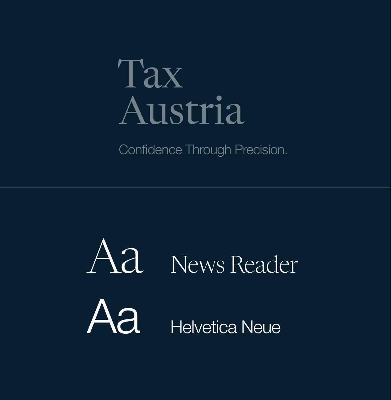 Wortmarke „Tax Austria“ mit der Zeile „Confidence Through Precision.“ und Schriftmuster Newsreader und Helvetica Neue