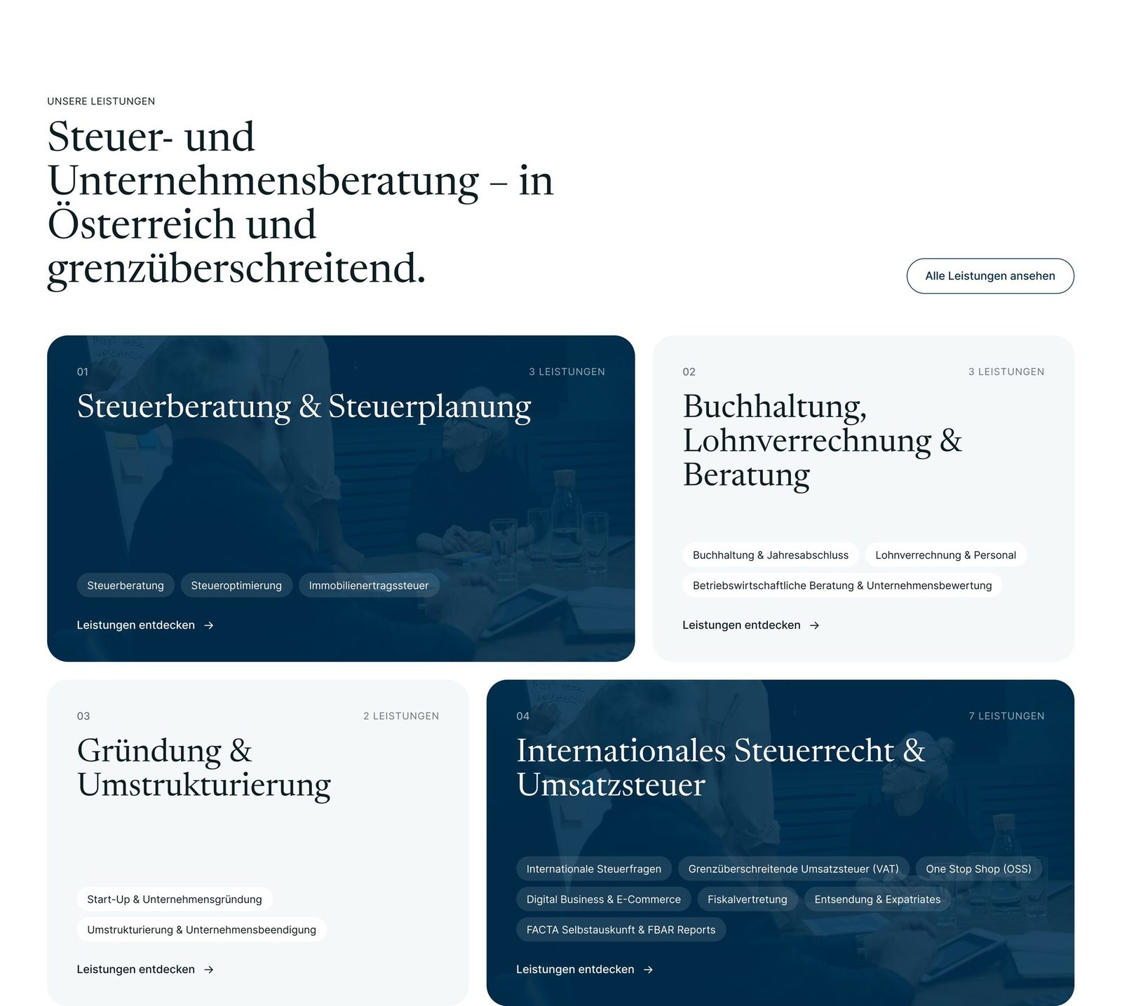 Startseite „Unsere Leistungen“ mit vier Kacheln: Steuerberatung, Buchhaltung, Gründung, Internationales Steuerrecht